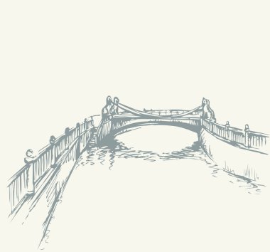 Göl kıyısındaki eski bir Rus köprüsü yolu. Siyah el çizilmiş dere kanalı kare manzara resmi. Retro sanat karalama çizgi film tarzı. Beyaz gökyüzünde panoramik manzaralı metin uzayı