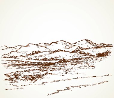 Splash brook glade çalı kalem hattı sahne. Deniz körfezi manzaralı dik kayalık monte banka. Kağıt metin alanında sanat doodle retro baskı stilinde anahat siyah mürekkep çizilmiş fon sembolü tasarım sahnesi