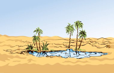 Arabistan yaz seyahati, ufuk çizgisi sahnesi. Parlak sarı renkli el, Mısır manzaralı simge sembolü kavramını eski moda sanat çizgi film tarzında çizdi. Açık mavi, güneşli gökyüzü arka planında metin uzayı