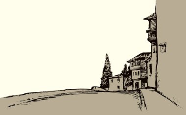 Şehir merkezindeki eski romantik sonbahar manzaralı ortaçağ parkı. Serbest çizgi siyah mürekkep el çizimi resim retro sanat karalama stili yazdırma kalem kağıt metin alanı üzerinde beyaz gökyüzü arkaplan