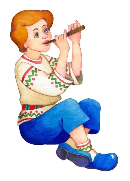 Akvarell illusztráció. Fiú-ban nemzeti ruha játszik-ra egy cső — Stock Fotó
