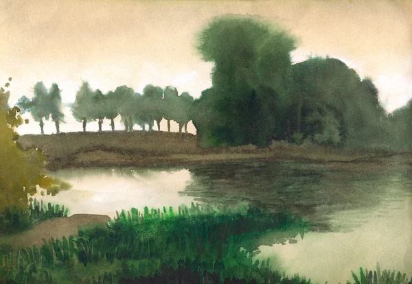 Paysage aquarelle. Arbres sur la rive d'un lac calme — Photo