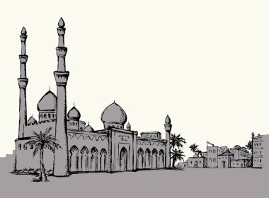 Eski moda Mısır Kahire oryantasyon çölü kilise duvarı palmiye ağacı vahası sahnesi metin beyaz gökyüzü manzaralı. Taslak el çizimi Asyalı İranlı Umman sembolü eskiz retro grafik çizgi çizgi çizimi sanat vektör biçimi