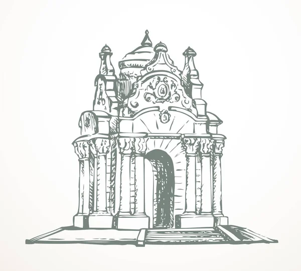 宏伟的古雅浪漫的大理石弧形雕刻块的井室 位于白色隔离的台阶舞台基座上的豪华圆顶亭中 用Rococo风格的手绘速写草图 — 图库矢量图片