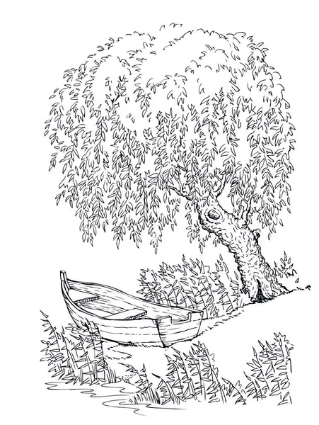 Очертания Винтажные Чернила Ручка Нарисовал Мир Спокойной Осенью Ручей Сцены — стоковый вектор