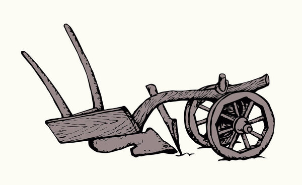 Крупный план черные чернила ручка нарисованы большой лошадью ручной вырезать работу возрасте деревянного устройства. Закрыть ржавое железное лезвие металла клинок быка труда логотип иконки знак истории древней ржавчины искусства гравировки etch мультяшный стиль белого неба