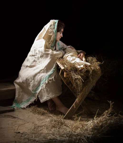 Joyeux Jeune Garçon Berceau Sommeil Vie Symbole Étoile Lumière Tissu — Photo