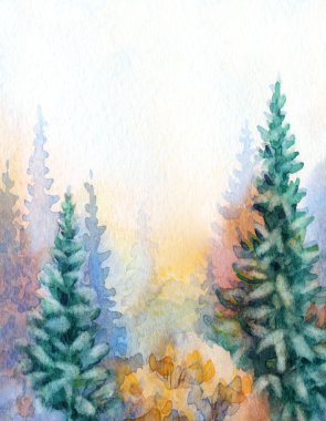 Parlak el, karton resimli arkaplanda cennetteki metin alanının üzerine suluboya manzaralı çizimler yaptı. Sessiz kış zamanı mavi renkli gün batımı sanatçısı sahnesi. Beyaz sakin buzlu Xmas Huş Tepesi Vadisi