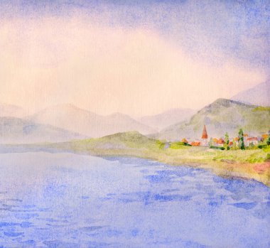 El çizimi açık renkli suluboya resim sahnesi. Beyaz kağıt arka plan eski tarz metin alanı. Manzaralı deniz havası telif alanı. Sanat eserleri. Arap Yahudi turizmi. Güneşli tarla manzaralı.