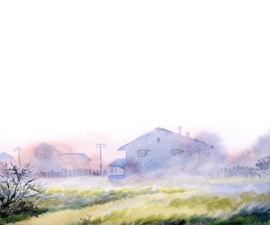 El çizimi suluboya ahır kulübesi açık kağıt metin arkaplanı. Sakin, nemli, sisli, kır ağacı manzaralı, dumanlı, parlak, mavi renkli, geçmişe dönük sanat eserleri.