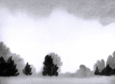 El çizimi açık renkli suluboya resim taslak su deresi deresi, gölet kıyısı yağmur sahnesi, kağıt metin arkaplanı. Pembe renk sakin sonbahar sisi duman çalılık ağaçlık bitki izi kırsal manzara