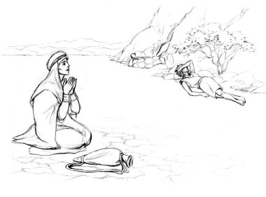 Genç kayıp çocuk ağlar İbrahim iman eder kadın hizmetçi kız giysi giyer yaşam yardımı ister beyaz gökyüzü sahnesi. El çizimi tehlike sıcak kavrulmuş kavrulmuş kavrulmuş kara seyahati eskimiş eski grafik sanat eskizleri