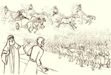 Yahudi erkek lider Ahab savunması Cennet 'i koru zırhlı birlikler kale Isaiah Tepesi' ne saldırıyor. Kara El, kutsal aziz Elias Gehazi 'yi çizdi. Tanrı' nın vaiz görüşü, Torah yüzyılın sanat eskizini çizdi.