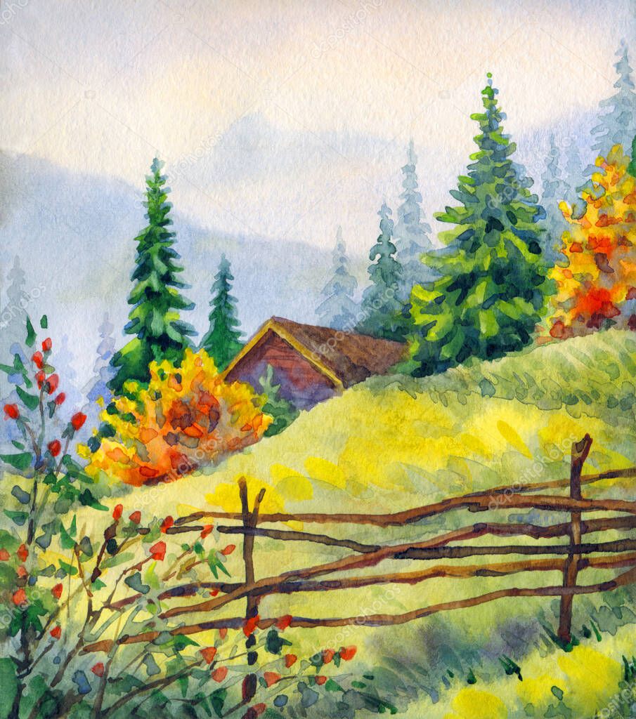 Hand drawn watercolour paint sketch on paper backdrop text space. Bright yellow color cloudy mist rain travel cabin scenic view. Outdoor ancient park shrub plant branch fog land retro artwork scene