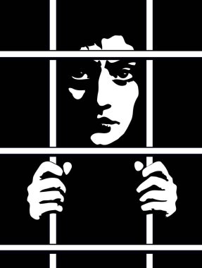 Yakından bakınca, yetişkinlerin çılgın tehlikesi, tek suçlu, üzgün, hırsız katil suratı. Yalnız çaresizlik kötü genç erkek demir mahkumu gücendirir sistem simgesine yardım eder klasik sanat grafiği vektör karanlık uzay çizer