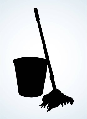 Beyaz oda metin uzayındaki çöp yumağı nesnesini temizleyin. Siyah el çizimi, sağlık sıvısı temizleyici bez küvet kovası logosu. Retro çizgi çizgi film sanatı görünüm çöp kutusunu kapatın