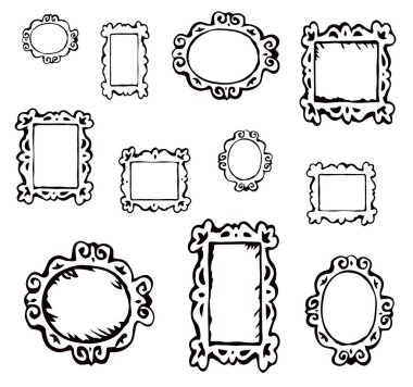 Kırsal kare kart seti. Siyah mürekkep boyalı kalem el çizimi oval rokoko deko sanatçısı bayrak logosu işareti pictogram hatlı çizgi roman tarzı. Kapalı görünüm beyaz ambalaj kağıdı