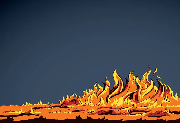 夜の赤い森の木暖かい野生の草の輝きのフレア灰のビューを点火する 赤い空のテキストスペース 線黒手描きの野火煙リスク乾燥気候危険ライフアイコンロゴマークコンセプトデザインアートスケッチスタイル — ストックベクタ