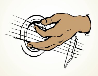 Yaşlı bir insan kadın kolu bant ahşap bir vücut besteliyor. Siyah çizilmiş genç çocuk ukulele sahne rahatlama çizgisi logo simgesi tasarımı. Görünümü kapat beyaz kağıt metin alanı retro doodle çizgi film biçimi