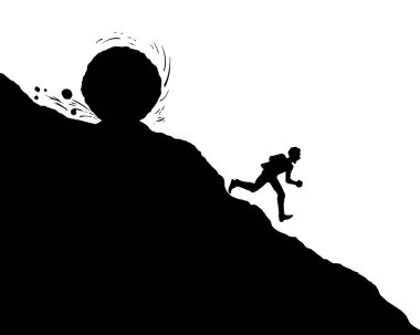 Güçlü, güçlü, riskli, Bill Borç Borç Borcundan kaçan işçi başarısız, panik atak, eğlence, beyaz gökyüzü. Çizgi siyah erkek, kar topu logosu işareti eski sanat el çizimi çizim vektörü