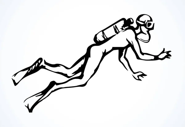 子供の男の子ハンター酸素楽しい白い夏の熱帯のアクアサンゴ礁魚プール 概要黒の描かれた男性の人間の子供の観光ロゴデザイン クローズアップ作品ウェットスーツ水着画漫画アートドールスケッチスタイル — ストックベクタ