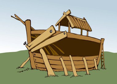 Büyük ahşap yay Ararat 'ın arazisini harap ediyor. Beyaz gökyüzü mesaj uzayı. Antika çizgiler, karalama, çizgi roman, el çizimi, Genesis, kutsal Tanrım, umarım İncil, proje resim tasarımı, ikon tasarımı kavramını inşa etmiştir.