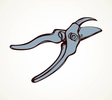 Eski çelik lop biçme makinesi pense metin için beyaz alan üzerinde. Anahat siyah mürekkep çizilen keskin ağaç dal büyümek kırpma nesne logo piktogram klip sanat vintage doodle karikatür basık tarzı kalem kağıt üzerinde. Closeup görünümü