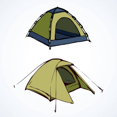 Açık gezici tatil köyü tente yerleşimi beyaz arka planda. Parlak zeytin rengi logo çizimi modern karalama şekilli kalemle kağıda çizilmiş. Metin için yakın görünüm ve boşluk