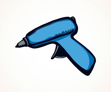 Ev yapımı işi halledin, motor nesneyi beyaz ahşap alanda metin için çevirin. Parlak mavi işçi çizimi modern sanat karikatür tarzında plastik kablo deliği logo işareti yükler. Yakın görünüm