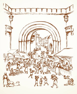 Şark İncille din miras satıcıları kadınlar sahne görünümü. Antika fes kemer kapı kale beyaz arka plan üzerinde bina. Kara El Suudi rabat bazar çeyrek resim sketch vektör sanat grafik stili