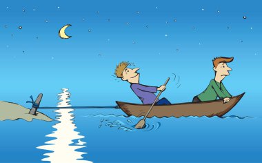 Güçlü erkek figürlü mücadele nehir zemininde izole edilmiş kürek kayığı itiyor. El çizimi yanlış hedef sonsuz emek deniz seyahati sembolü sanat retro doodle çizgi stili gökyüzünde yazı için yeri olan çizim