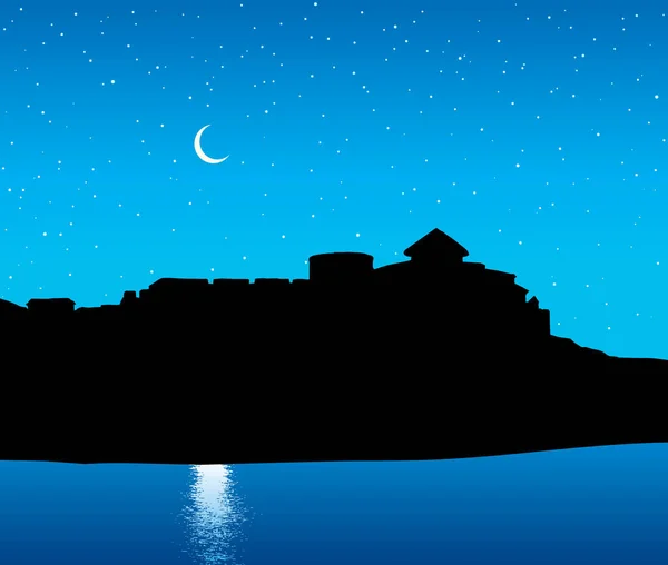 アラビア古典的な有名な高石の邸宅の城塞壁の崩壊丘の風光明媚な田園風景です キングダム ガーデン パークの風景 レトロな歴史アジアのアート漫画のスタイルを描く 青い星空テキスト空間背景 — ストックベクタ