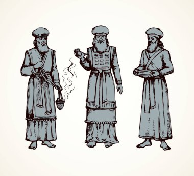 Musa Torah tarihi ilahi bakanlık kültürü. Tunik giymiş yaşlı sakallı Aaron, tütsü merkezli türban. Çizgi siyah mürekkepli el Judaic Levit lider resim eskizi Doğu oyma tarzı