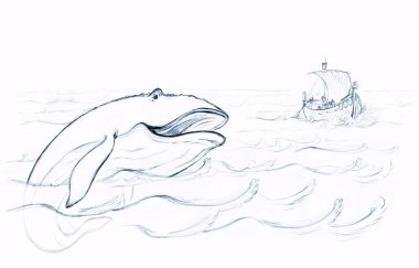 Hat izole edilmiş insan Yahudi erkek ölüm eli vahşi derinlik büyük mavi sperm canavarı açık çene manzaralı ölmek. İbrani masalı Tanrı 'ya dua et çizgi film koyu siyah eskiz eskiz eskiz sanat tarzı beyaz gökyüzü metin uzayı