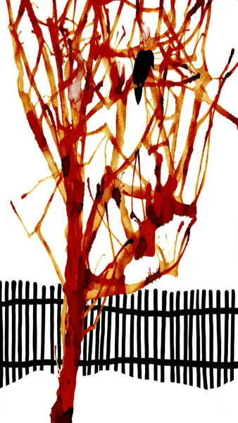 Kırmızı el çizimi sanatçısı sakin saksağan sakin çiftlik elması dalları sahne kâğıdı gökyüzü metin arkaplanı. Koyu siyah eski duvar desenli manzara eskiz stili görünümü