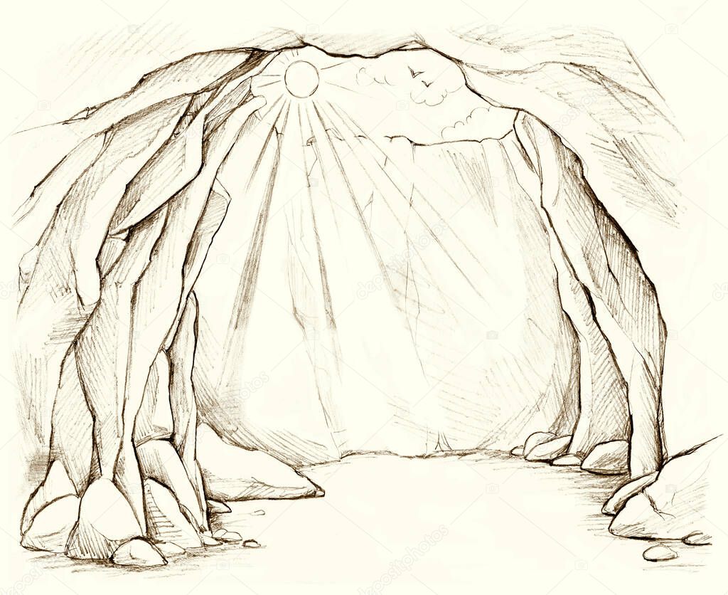 Line hand drawn old deep big dirty earth rocky soil den wall dig coal dirt cliff gap grot prison collapse work place. Large ruin lost climb life white light fall scene sketch art retro vintage style