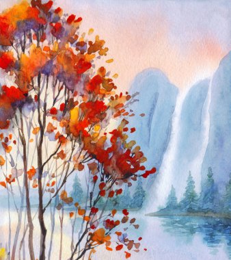 Suluboya boya bulutlu, bulanık, kayalık deniz kıyısı sahnesi, arka plan kâğıdı, metin alanı. Koyu kırmızı renkli sis bulutu vadi çağlayan deresi. Açık hava yabani çalı bitkisi kır manzaralı çizim çizimi