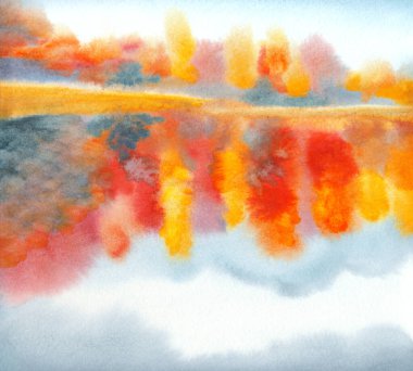 Canlı bir el çizimi akvaryum taze kavak çamı sisi sahne kağıdı metin alanı arkaplanı. Parlak kırmızı turuncu el işi çimenleri çalıları çalıları serin hava günü manzaralı dere kıyısı kırsal manzarası