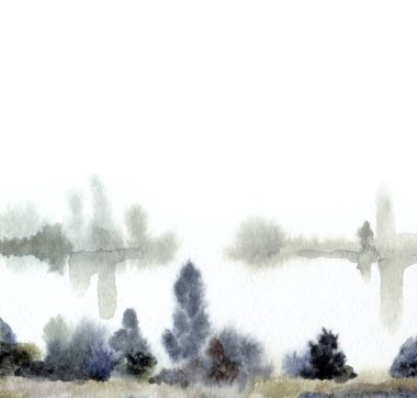 El çizimi suluboya resim çizimi kağıt metin alanı. Kırsal sakin çalı çalısı, çalı tarlası, dere yatağı, sel, yağmur manzarası. Serin bahar sisli sonbahar kumsal eski sanat eserleri sahnesi