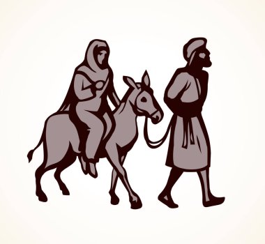 Josef ve Maria hayvanlar üzerinde Mısır 'a çölde, açık beyaz gökyüzü arka planında gidiyorlar. Çizgi siyah el çizilmiş eski neşeli xmas arifesi hikaye işareti simge amblemi eskiz retro sanat karalama çizgi film tarzı