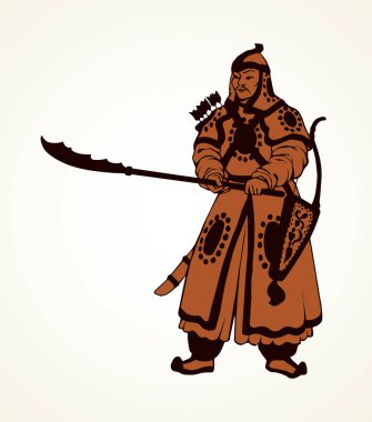 Kırmızı bez şapka üniformalı yaşlı erkek kahraman figürü, guan dao, yay oku beyaz arka planda izole halde duruyor. El çizimi logo simgesi simgesi resim çizimi sanat retro çizgi film tarzında