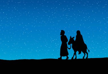 Mutlu karısı Maria ve kocası Josef metin için koyu mavi yıldızlı alanda yolculuk yolculuğu gidin. Siyah el çizilmiş eski neşeli xmas havp tanrı hikayesi gelir. Antik sanat grafik tarihi yeni doğan dua sahne sembolü