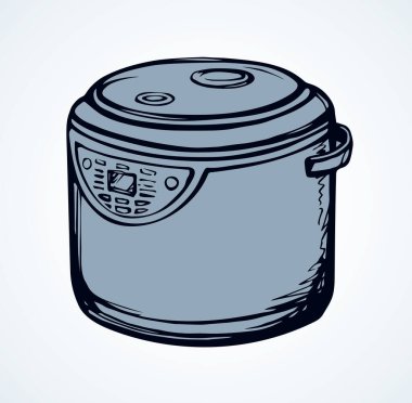 Modern metal karışımı fırın tenceresi cihazı beyaz uzayda metin için. Serbest çizgili siyah mürekkep eli sağlıklı çizilmiş tost ekmeği fırını kabı objesi logosu sanat karikatürü tarzında. Yakın görünüm