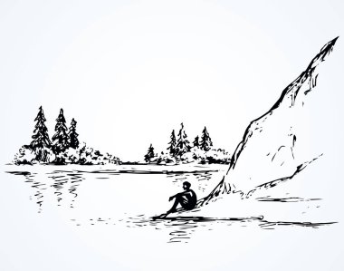 Cliff sakin uzak Alpler sahnesi yüksek nehir kıyısında. Çizgi siyah mürekkep eli, uzayda üzgün yalnız bir genç kızı beyaz gökyüzünde yazı yazmak için çekti. Vahşi Alp kıyısı göleti barış manzaralı sanat eseri karalama stili.