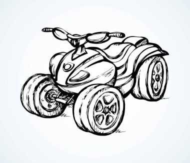 Üç tekerlekli kuadbike motor makinesi açık çöl arka planında. Anahat siyah mürekkep el çizilmiş eğlenceli off-road dört-track lastik scooter logo tasarımı modern sanat karalama tarzı kalem metin alanı üzerine