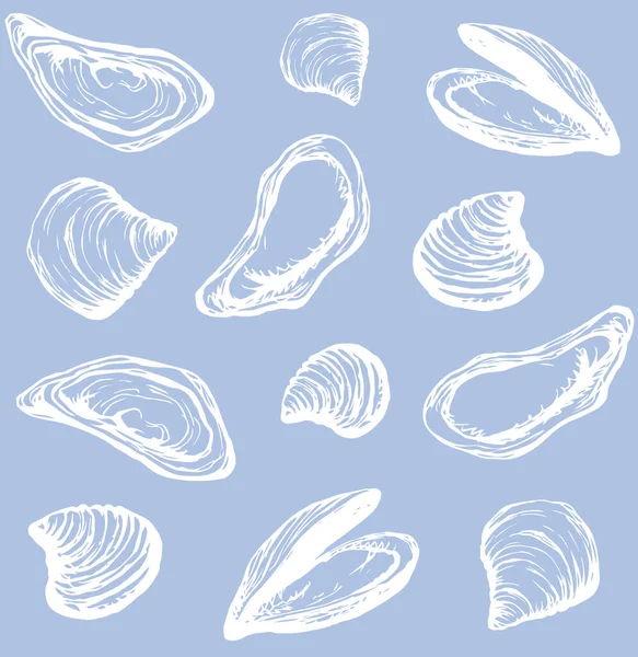 Big Fresh Perl Ostreidae Mollusc Blue Backdrop Outline Cyan Ink — 图库矢量图片