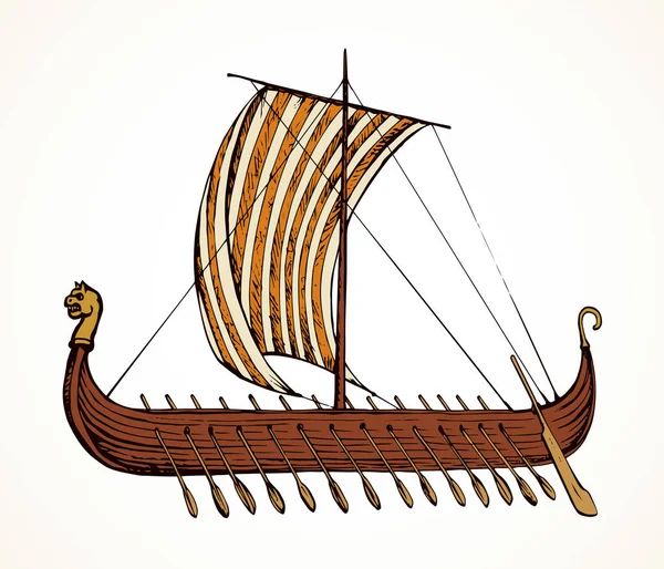 古旧的上个世纪木桨护盾希腊帆船 墨迹条纹手绘罗马商人贸易殖民标志符号符号设计白纸素描旧式艺术复古图形蚀刻打印风格 — 图库矢量图片