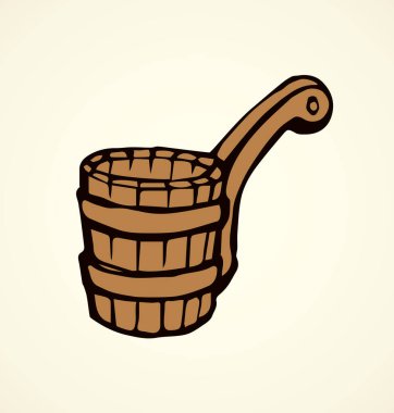 Ahşap tahta tun fıçı beyaz banya zemin üzerinde temizlik antik büyük kırsal KDV. Serbest çizim siyah mürekkep el çizim nesnesini logo işareti amblemi sanat antika doodle gravür tarzı kalem kağıt alanı metin içinde
