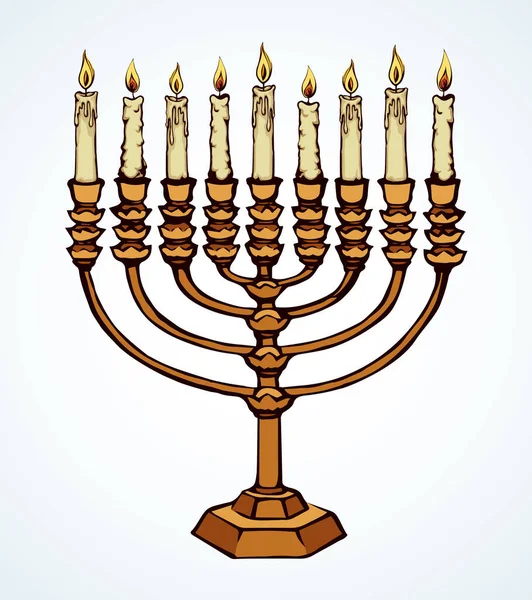 Vintage chanukiah miras altın Pyres hatıra. Retro sanat doodle grafik stili kalem beyaz kağıt arka plan üzerinde siyah mürekkep el çizilmiş resim logo kroki anahat. Portre görünümünde metin alanı olan