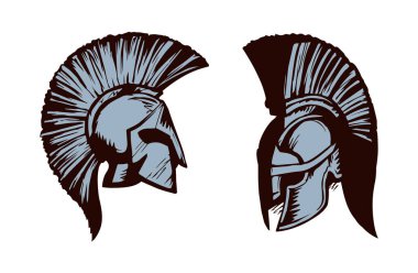 Beyaz arka planda altın Leonidas miğferi geçmiş bir tarih. El yazısı, siyah mürekkep çizimi, resim işareti, karalama, karikatür, kağıt üzerine retro kalem. Metin için boşluk olan kenar görünümünü kapat